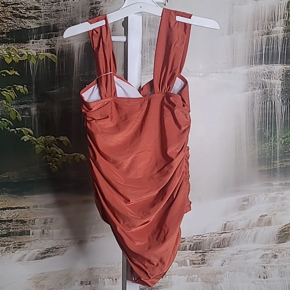 NWT! Missky Womens Small copper rust wide straps ruched one piece Swim Suit